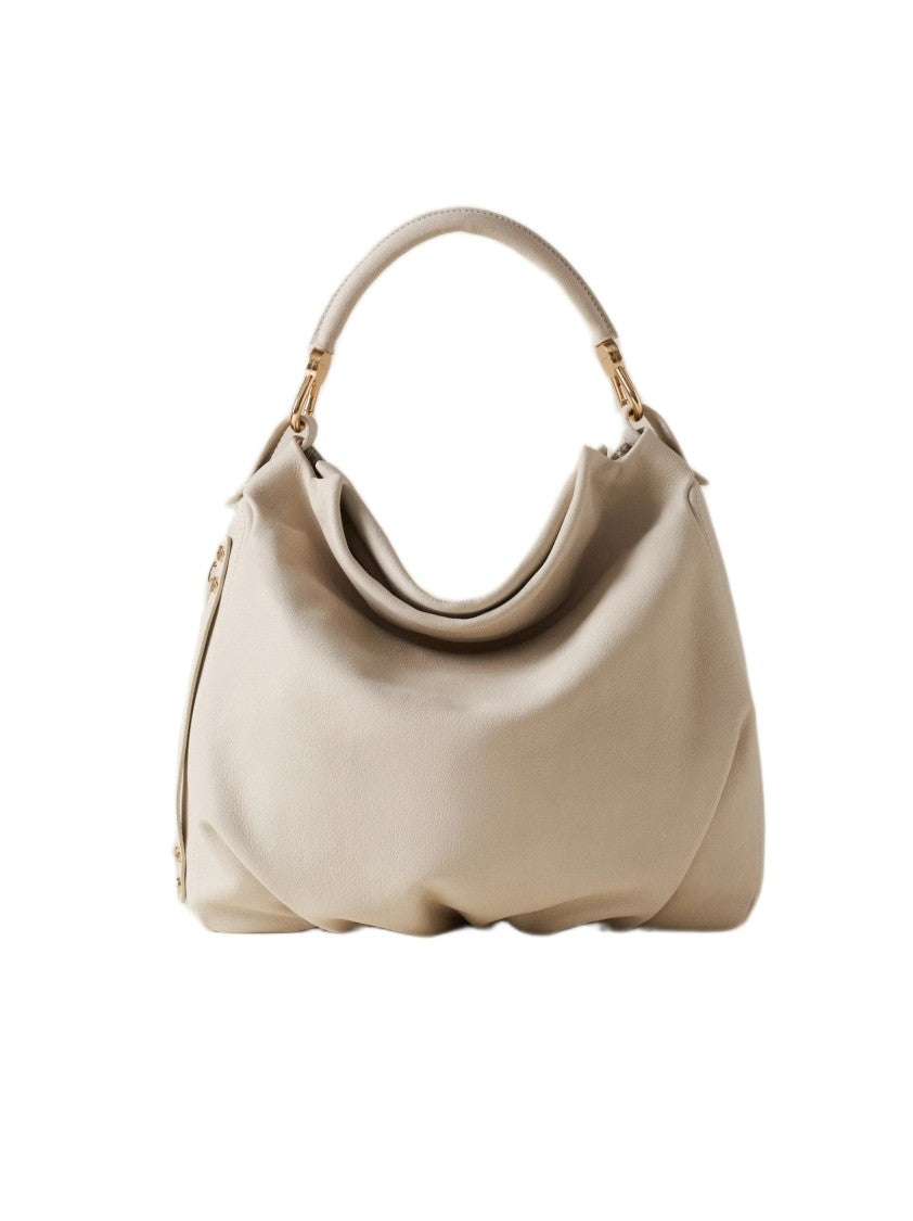 Borbonese Slouchy White Handbag With Gold-Tone Accents