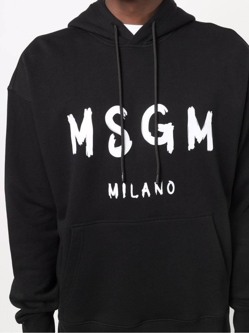 Msgm Relaxed-Fit Black Hoodie With Graphic Logo