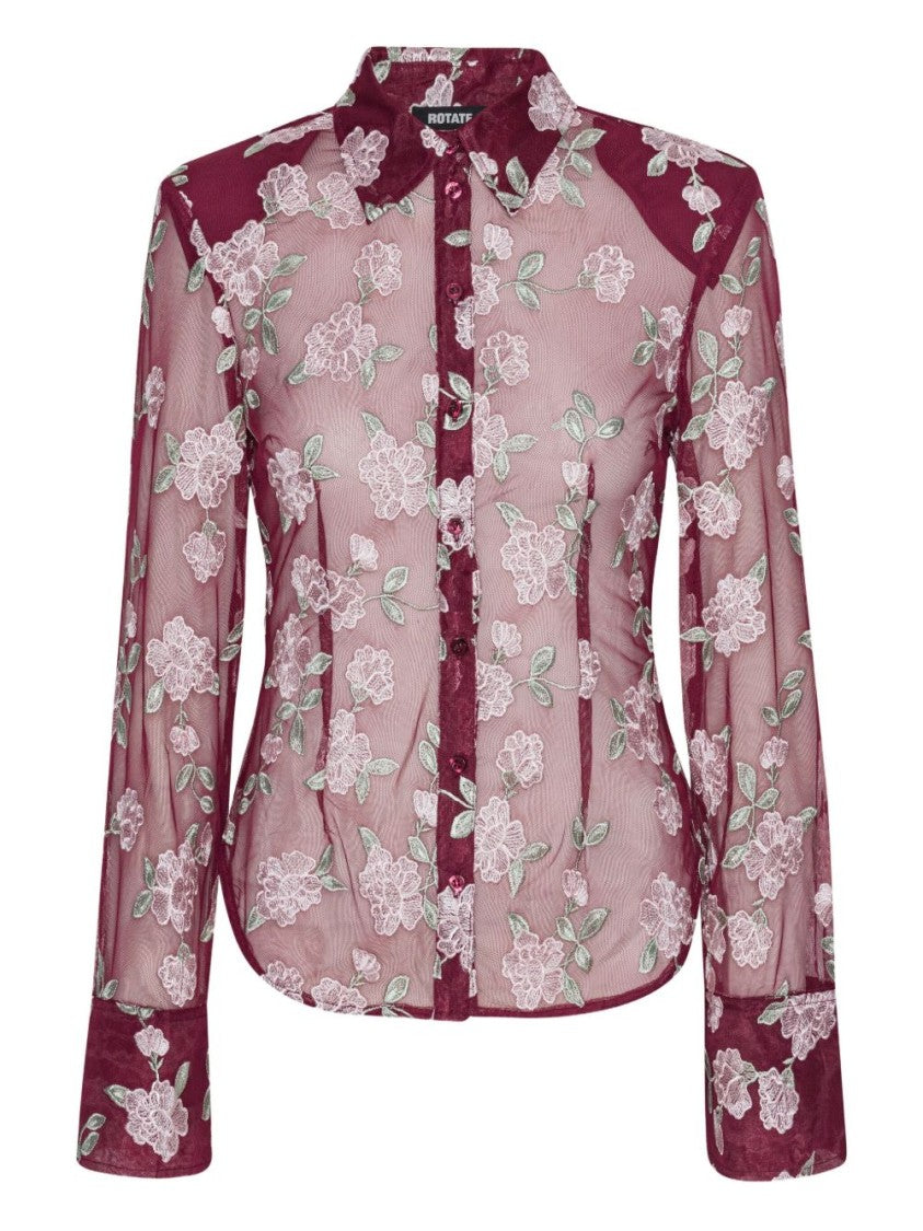 Rotate Semi-Transparent Burgundy Floral Embroidered Shirt