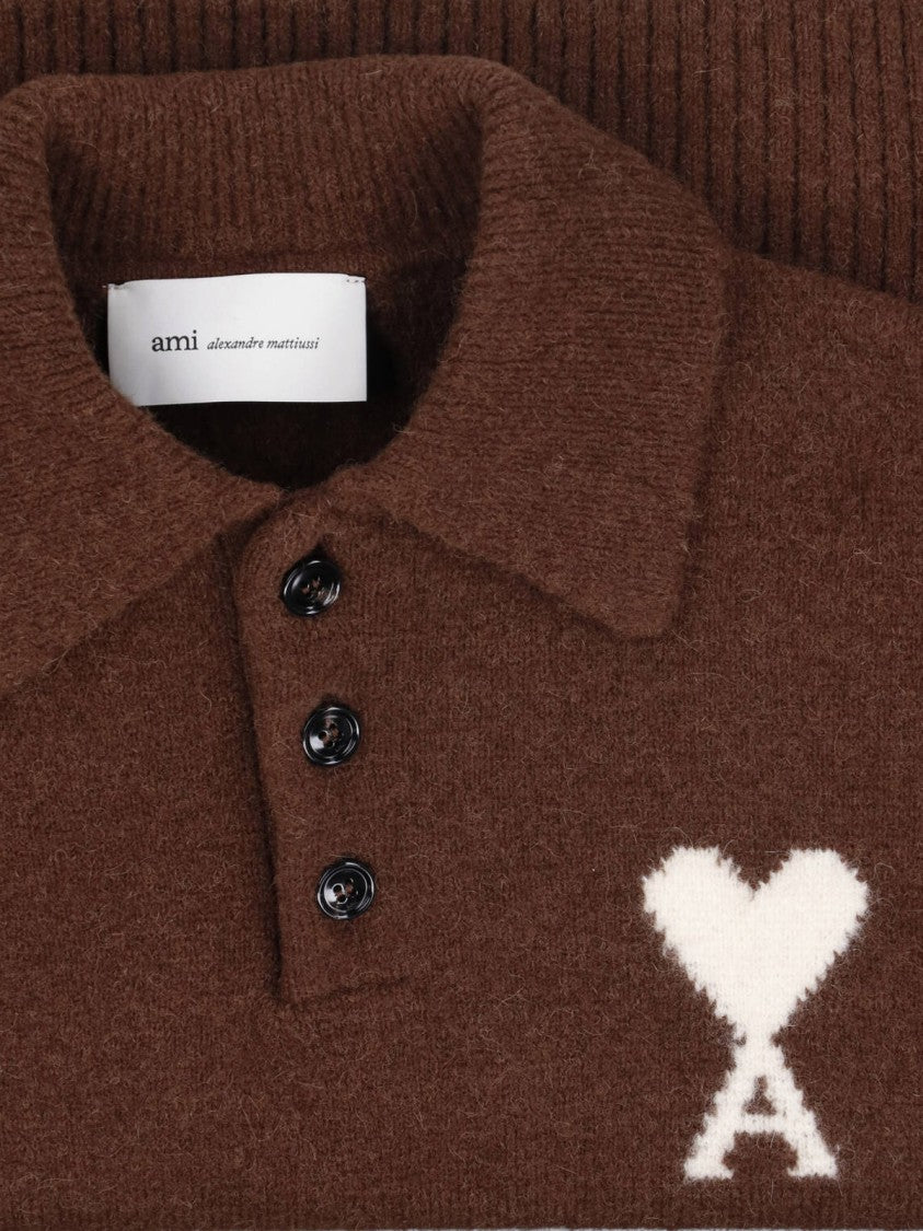Ami Paris Cropped Cardigan With Classic Collar And Intarsia Logo