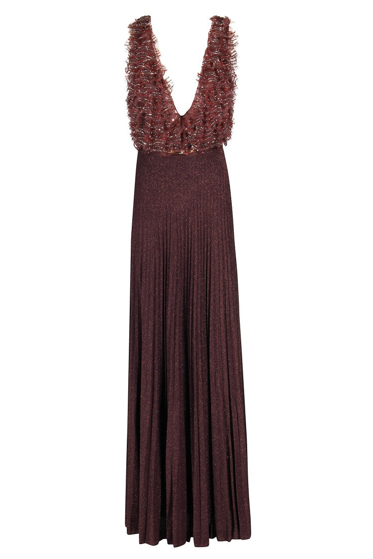 Elisabetta Franchi Merlot Plissé Maxi Dress With Sequin Rouches
