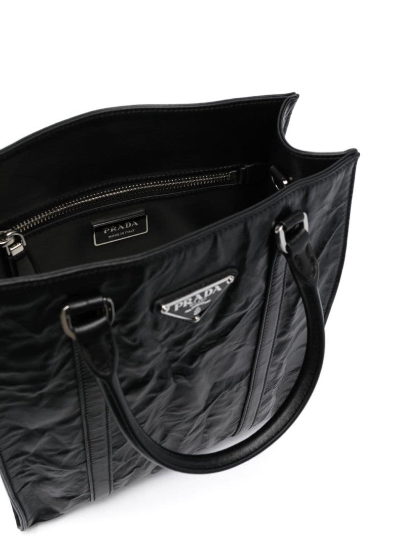 Prada Logo-Plaque Crinkle-Effect Tote Bag