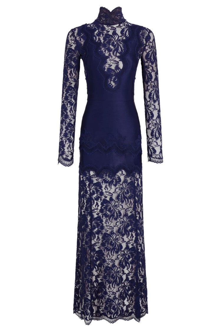 Rabanne Navy Blue High Neck Lace Scalloped Hem Polyamide Long Evening Dress