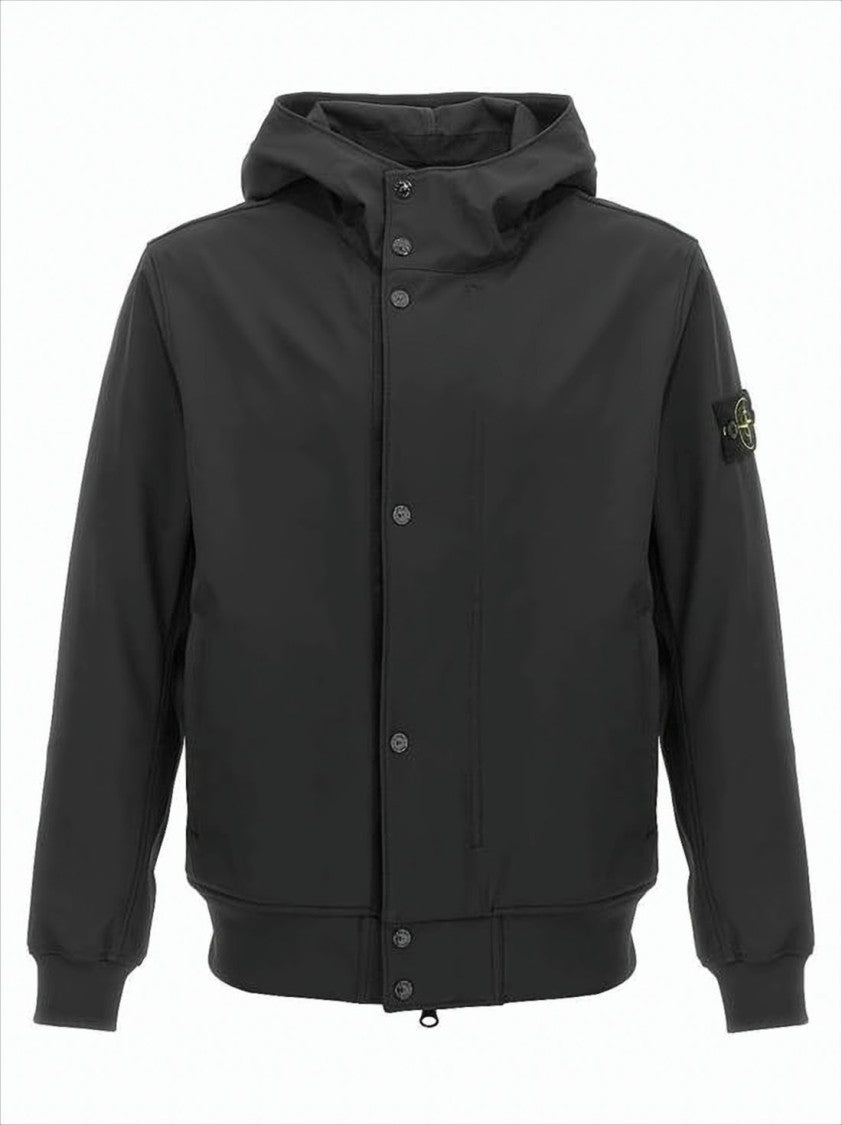 Stone Island Hooded Black Jacket With Button Closure