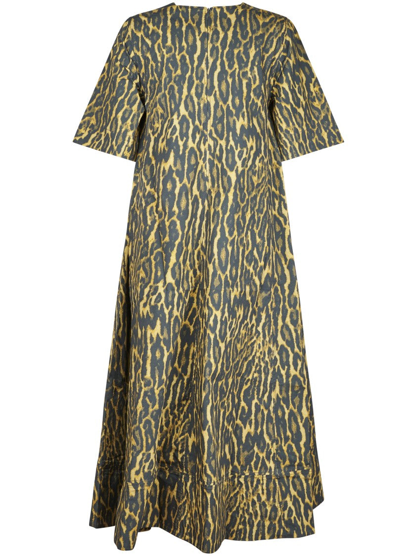 Ganni Animal Print A-Line Maxi Dress With Flared Silhouette