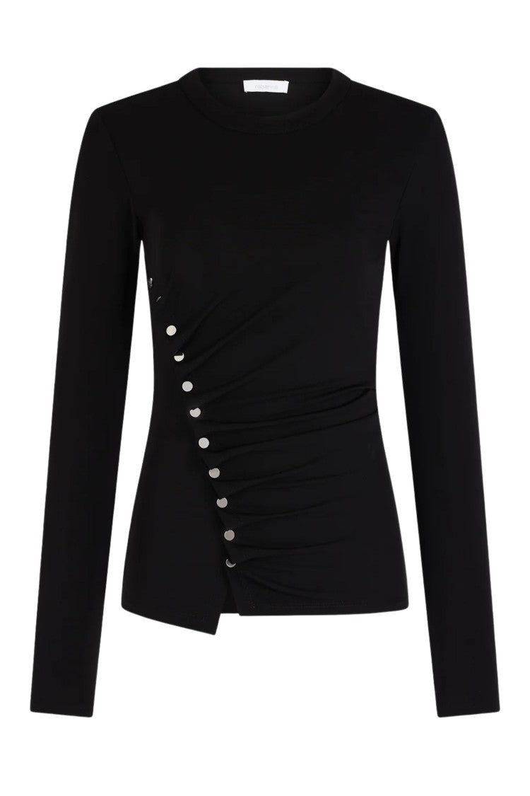 Rabanne Black Round Neck Draped Metallic Buttons Viscose Top