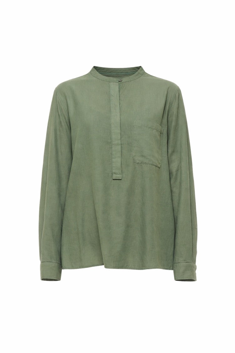 Pomandère Ivory Mandarin Collar Silk-Cotton Poplin Shirt