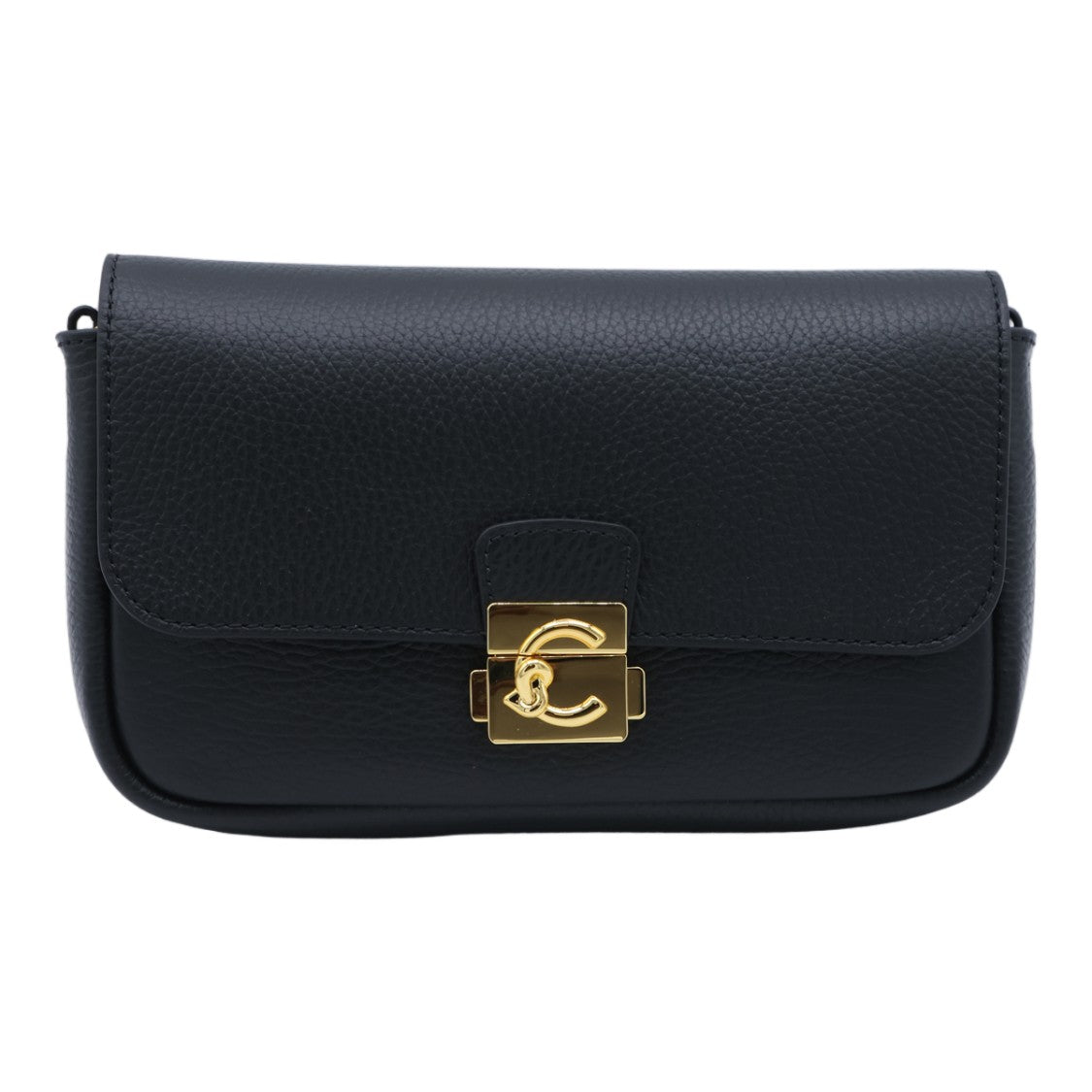 Coccinelle Rectangular Black Pebbled Leather Bag With Gold Hardware