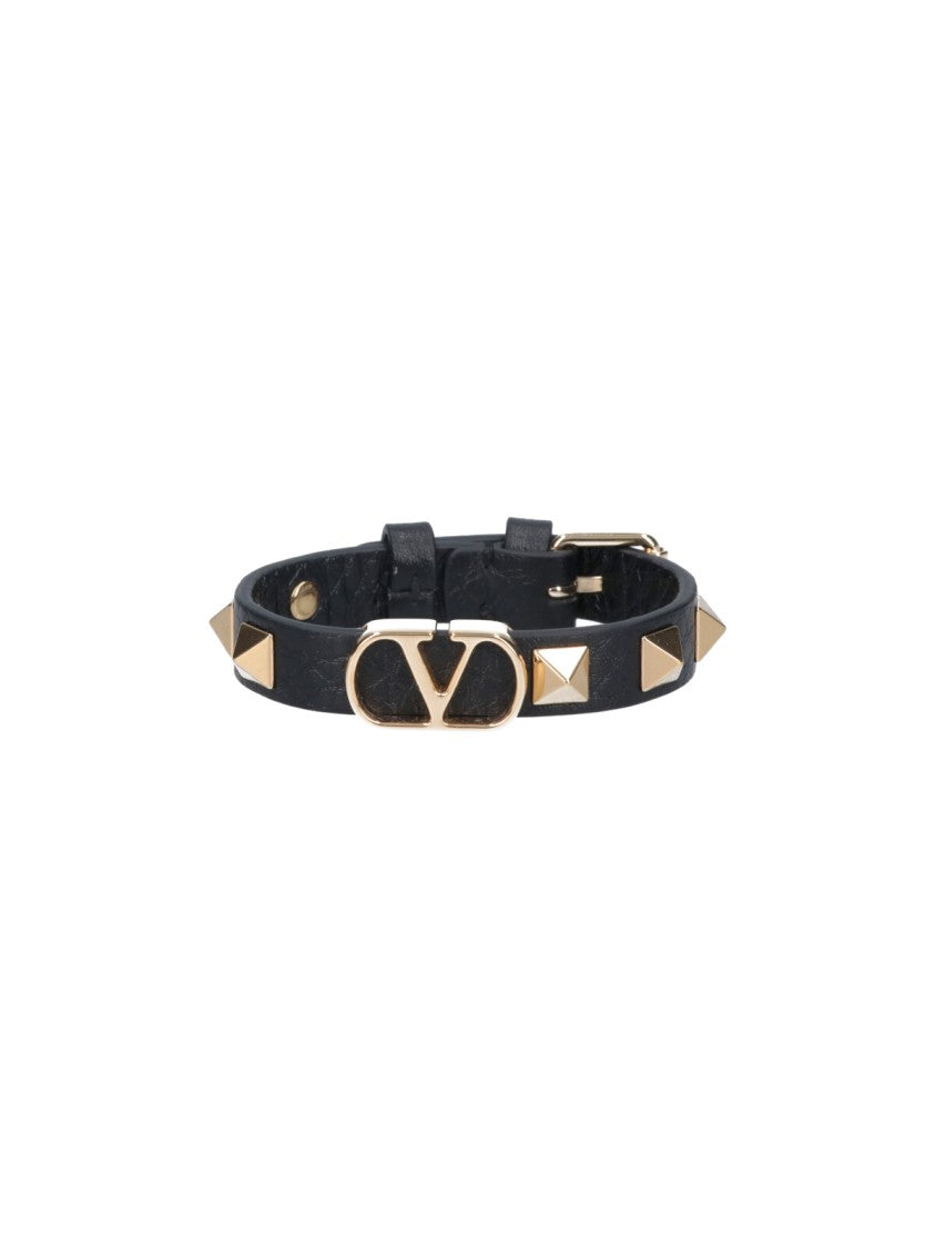 Valentino Garavani Black Textured Leather Bracelet With Gold Studs