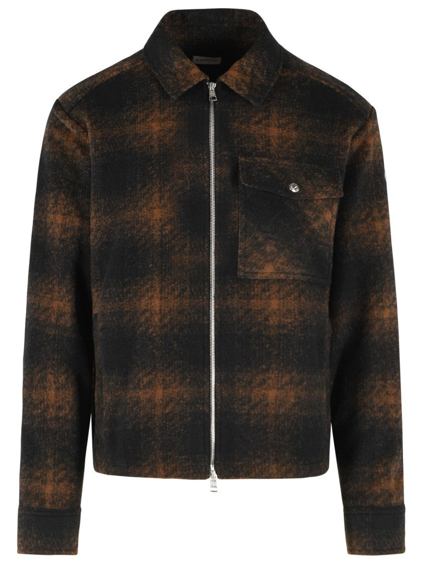Moncler Brown And Black Check Wool Blend Jersey Zip Shirt