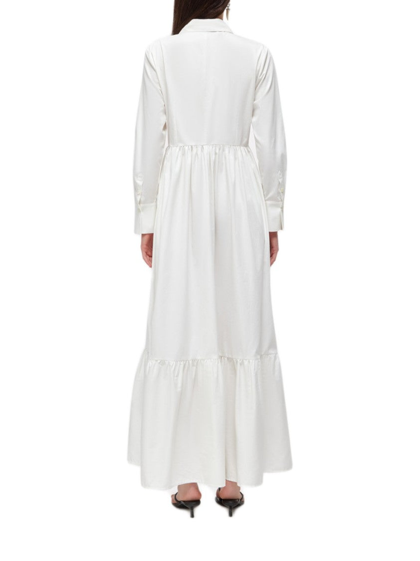 Blugirl Long White Dress With Button-Down Front And Gathered Waistline