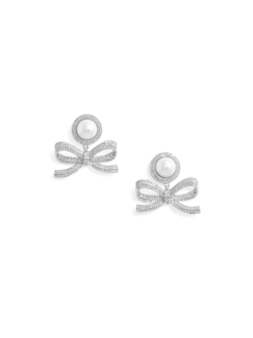Self-Portrait Silver Bow Drop Earrings With Lustrous Pearl Centerpiece