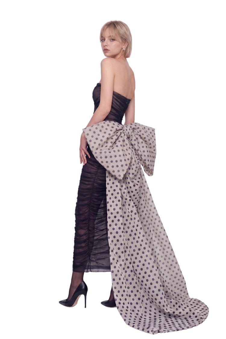 Saiid Kobeisy Strapless Fitted Midi Dress With Dramatic Cascading Train
