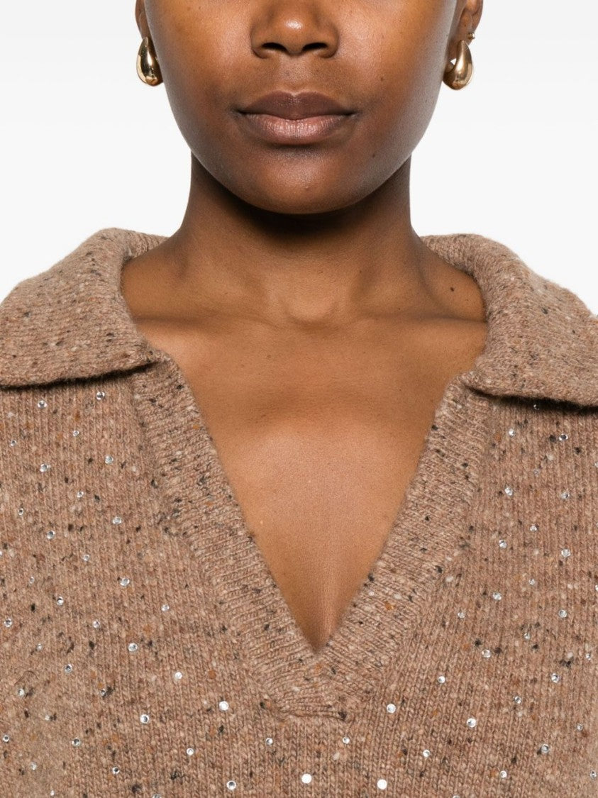 Pinko Camel Knit Top With Deep V-Neckline