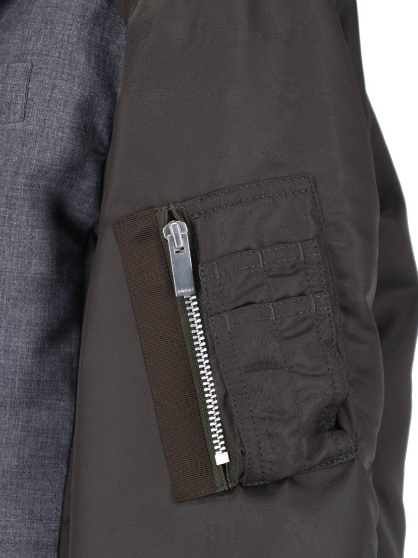 Sacai Double-Breasted Grey Nylon Twill Blazer With Zip Details