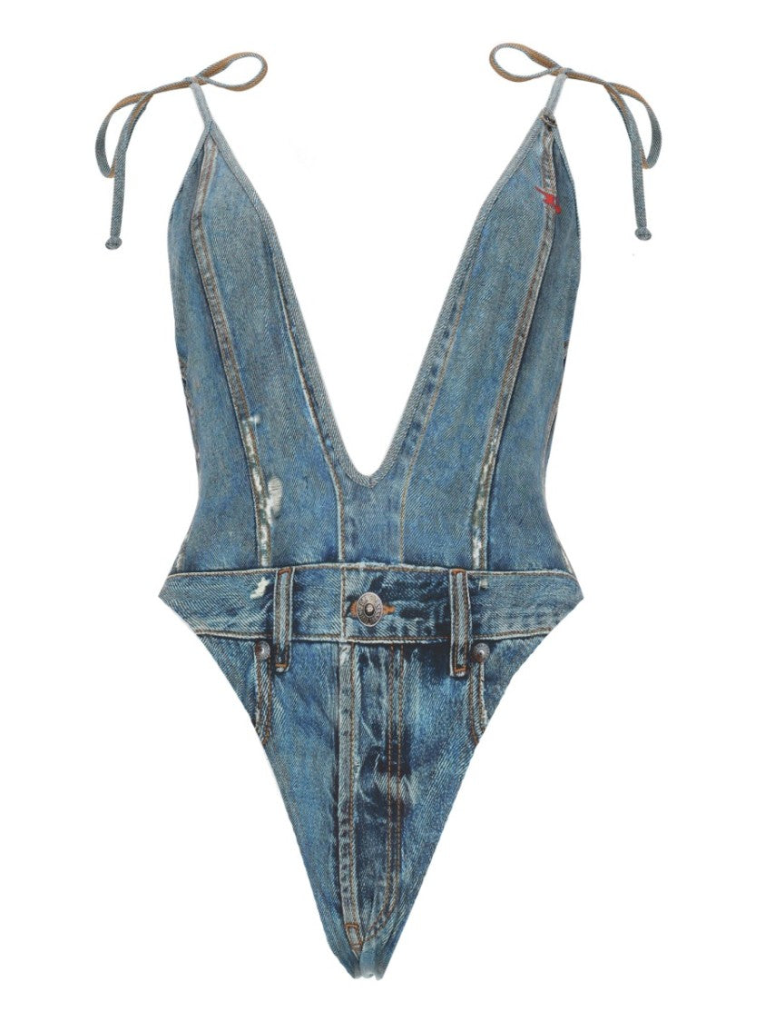 Diesel Effetto Denim Polyester-Blend High-Cut One-Piece Swimsuit