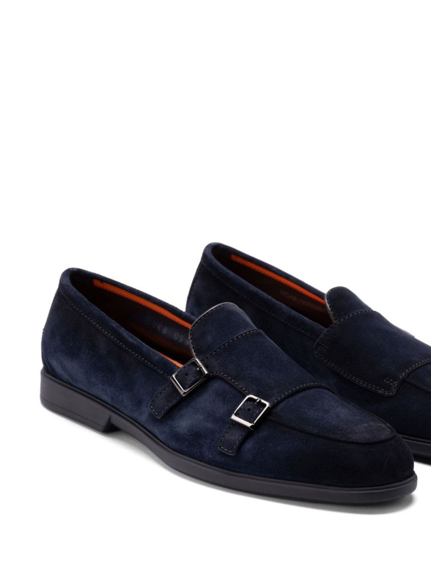 Santoni Navy Blue Almond Toe Moccasins