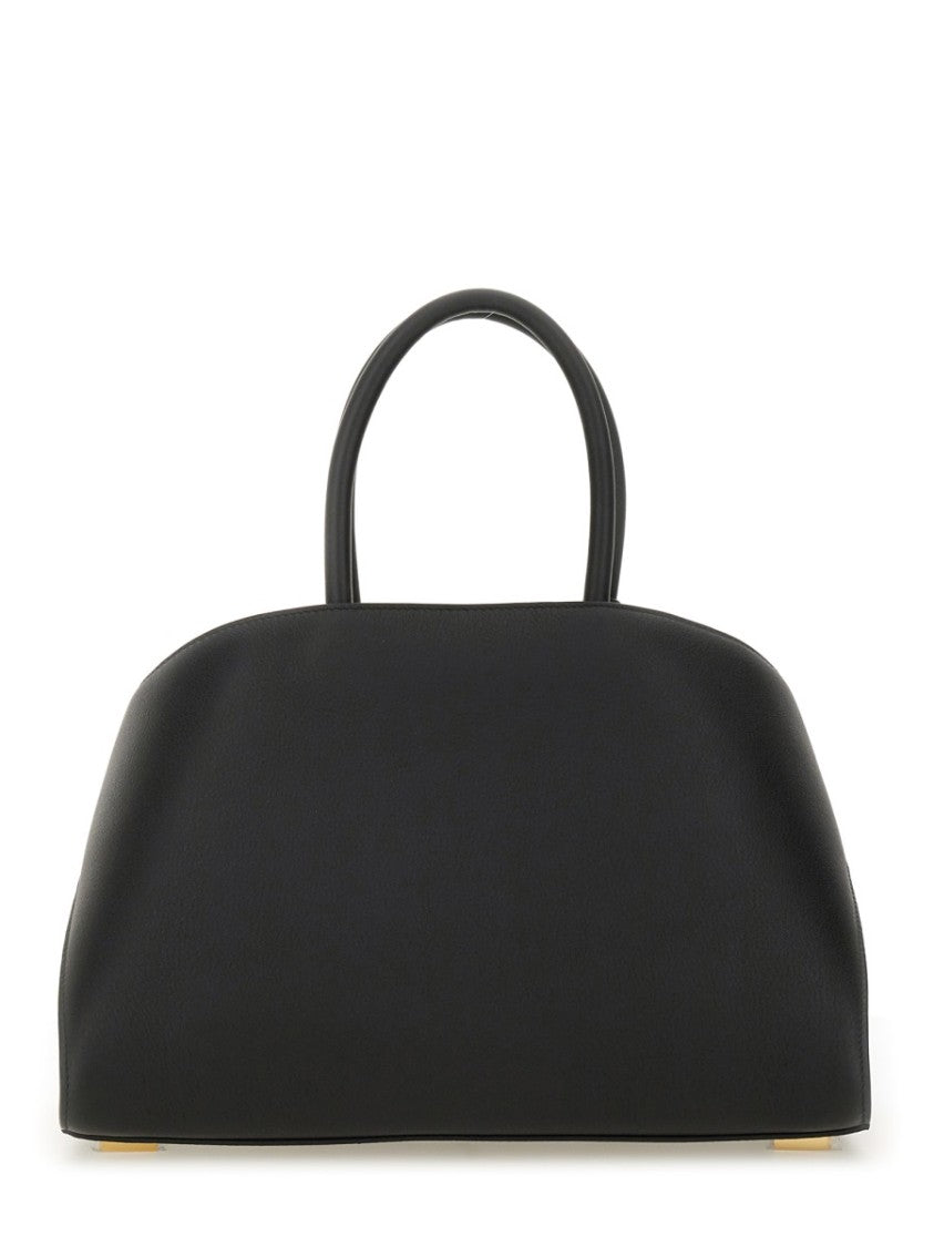 Ferragamo Structured Black Tote Bag With Curved Silhouette And Gold-Tone Accents