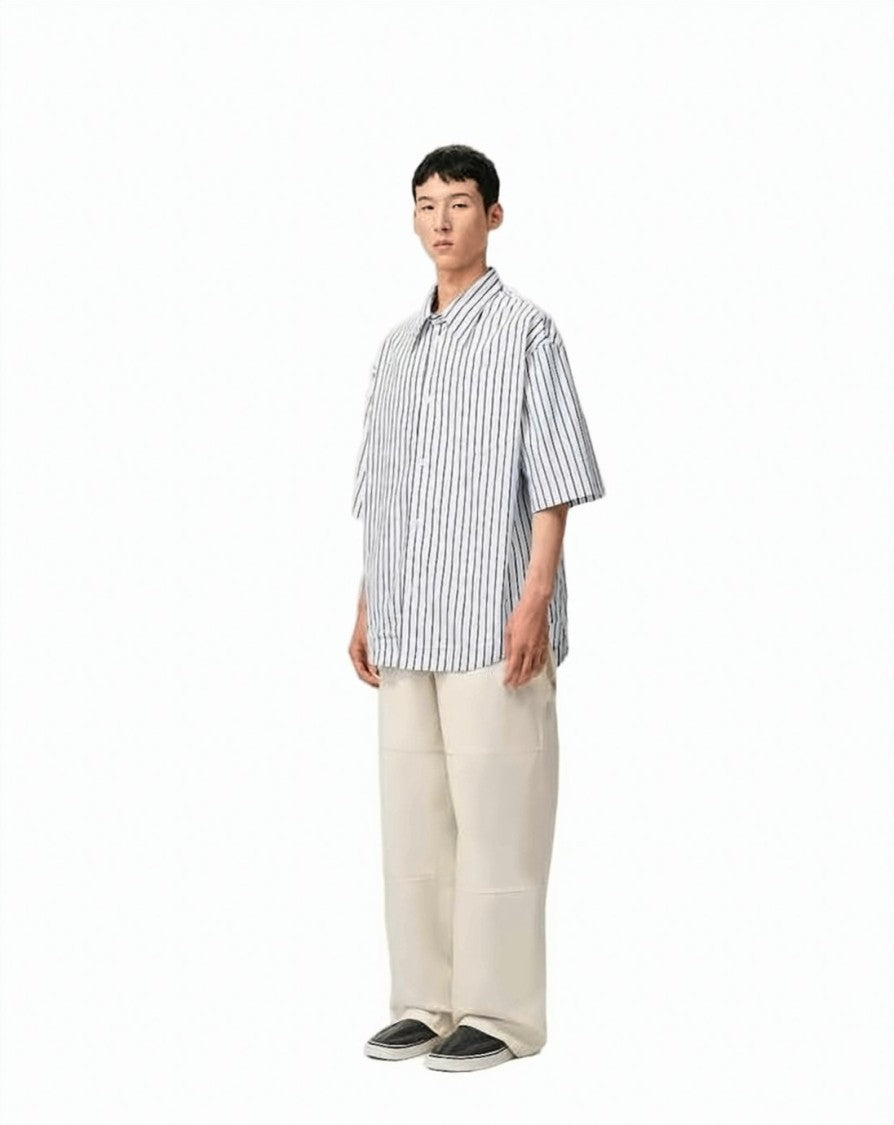 Ami Paris Short-Sleeved Striped Cotton Wide Shirt With Classic Collar
