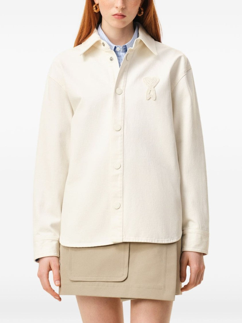 Ami Paris White Textured Logo Cotton Casual Shirt