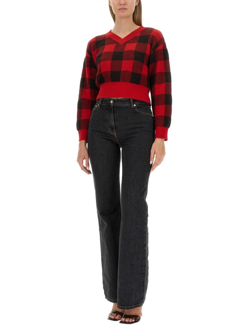 Moschino Cropped V-Neck Sweater With Checkered Pattern