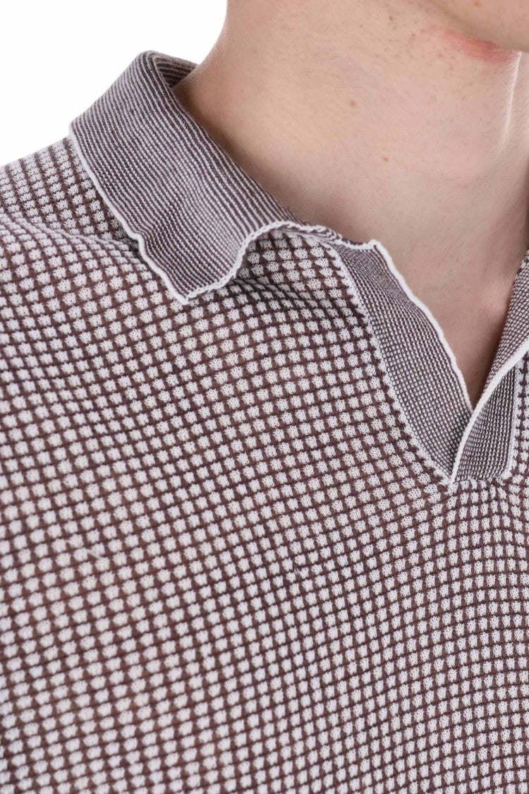 Ballantyne White Brown Textured Cotton-Linen Polo Shirt