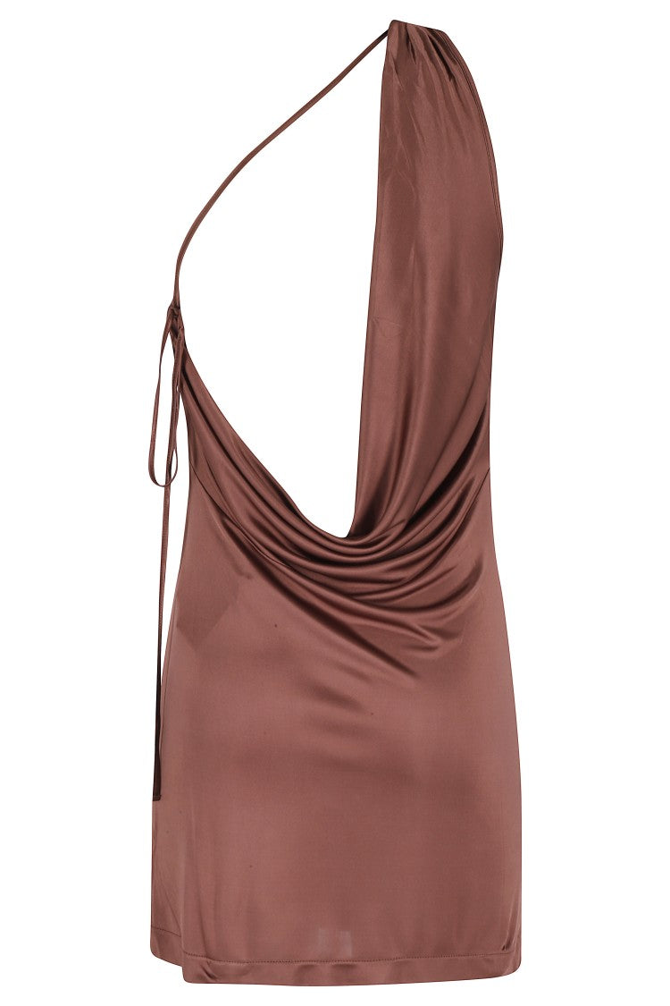 Amazuin Brown Ravi Satin Asymmetrical Draped Viscose Mini Dress