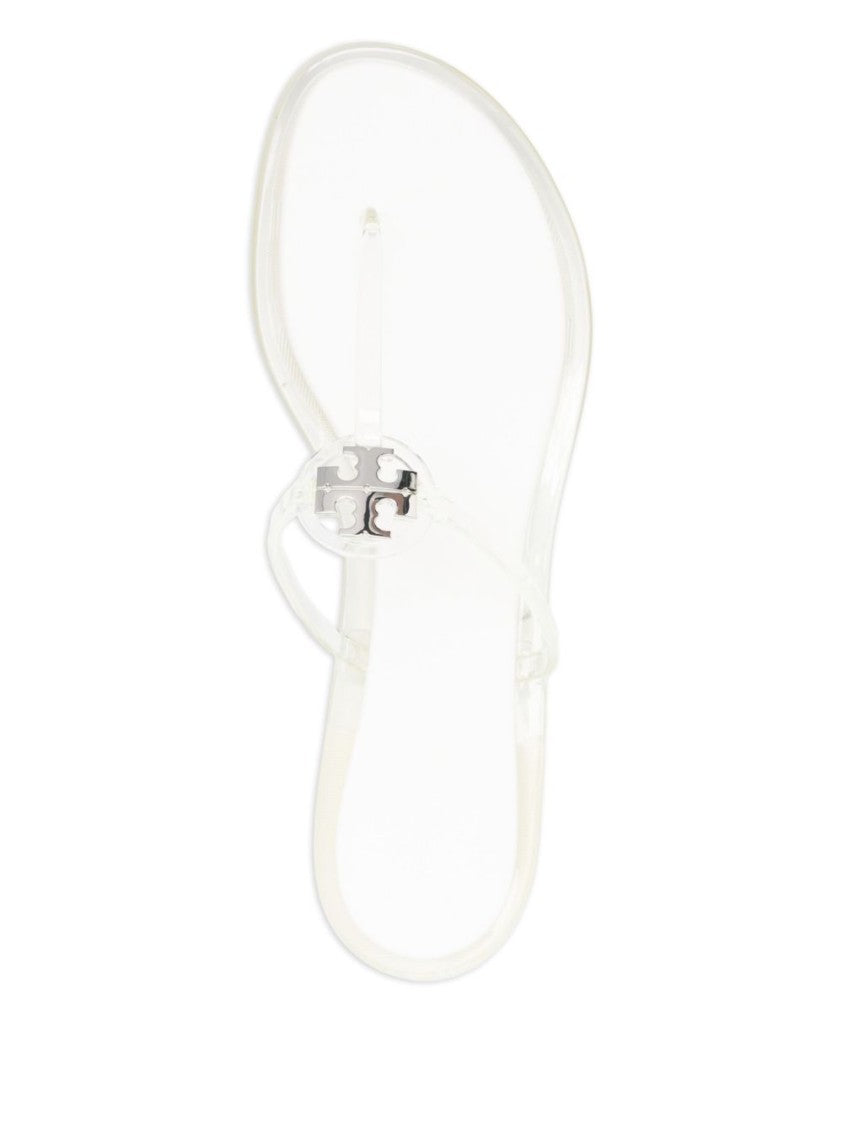Tory Burch Transparent Strap Silver Sandals With Metallic Emblem Detail