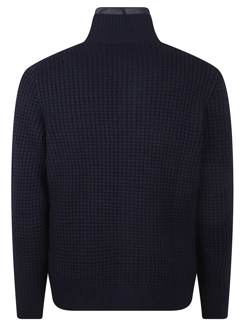 Fay Textured Knit High Collar Sweater With Button-Down Front