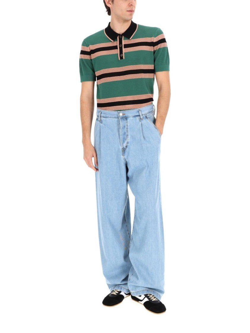 Dries Van Noten Perforated Knit Horizontal Stripes Polo Shirt