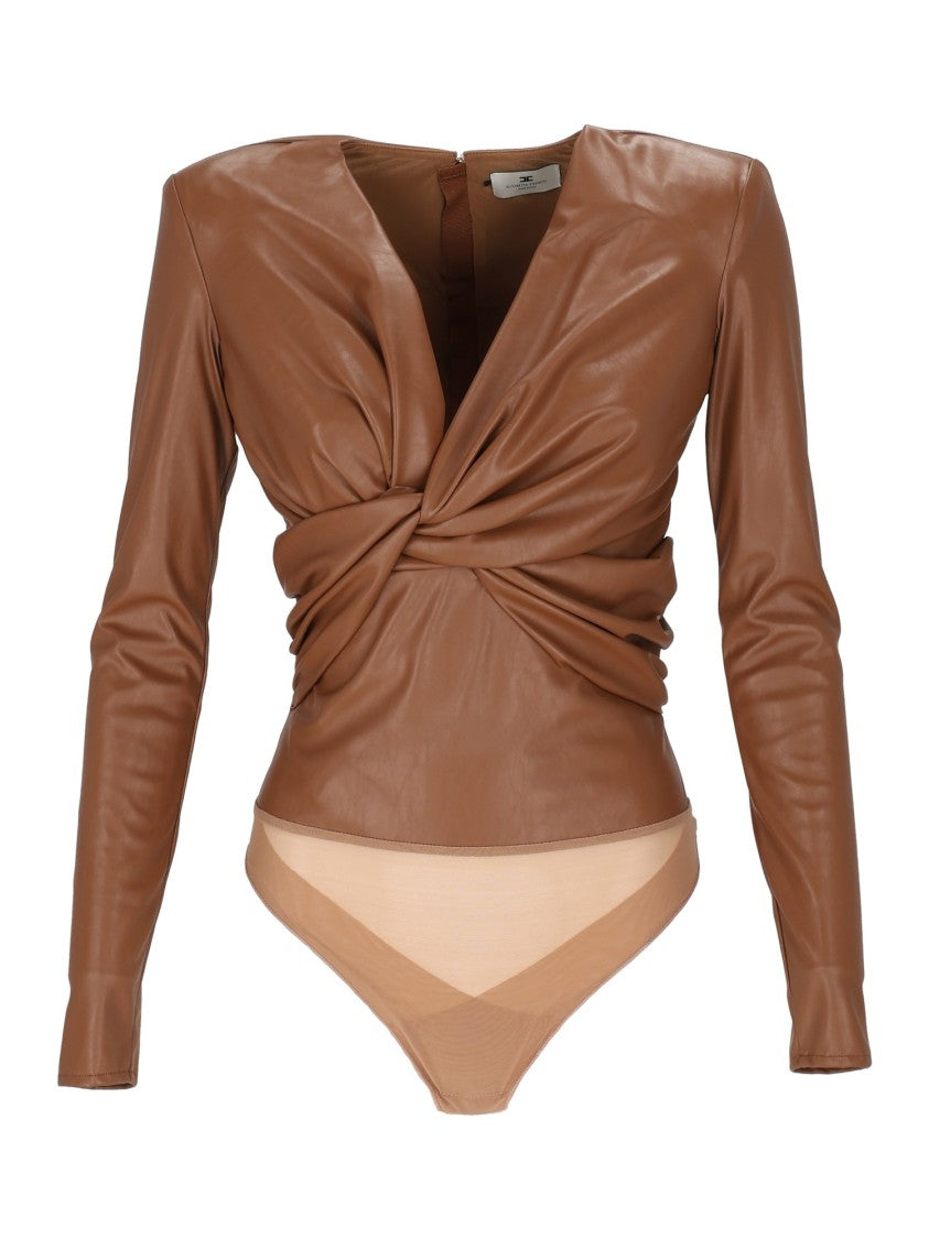 Elisabetta Franchi Faux Leather Bodysuit With Twisted Front Design