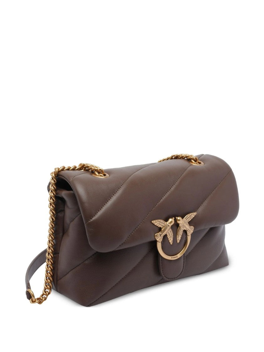 Pinko Quilted Brown Leather Bag With Bird Motif