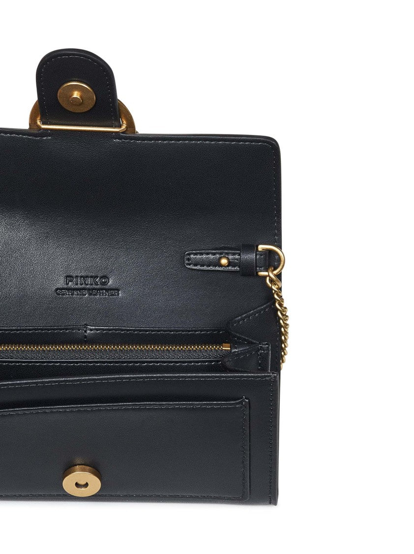 Pinko Chain-Shoulder Black Wallet With Love Birds Buckle