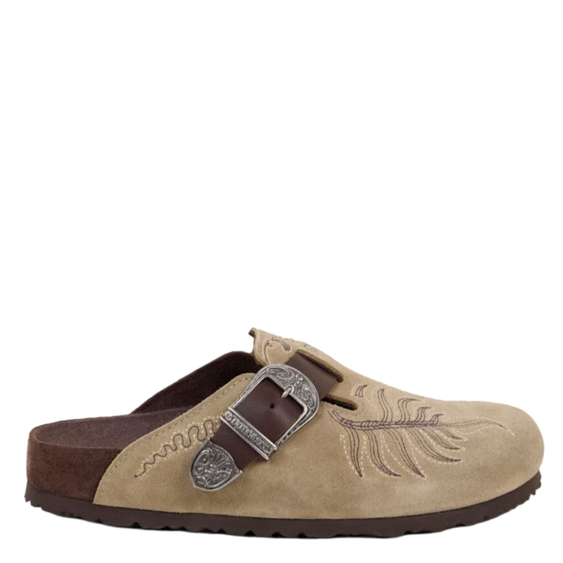 Birkenstock X Etro Slip-On Mule Flats With Intricate Feather Embroidery And Engraved Buckle