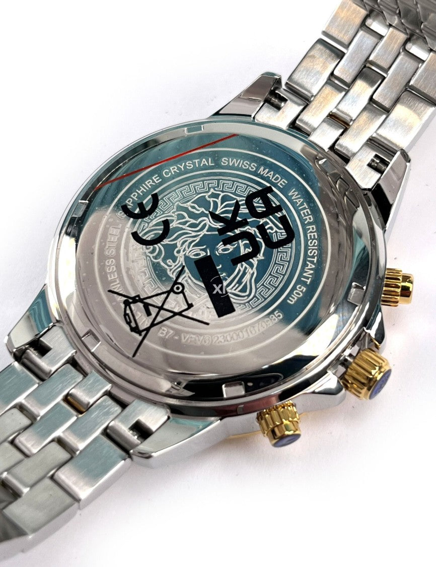 Versace Signature Chronograph Watch With Luminous Black Dial And Bi-Color Bracelet