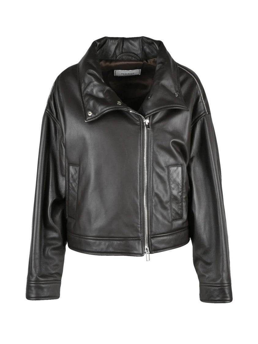 Peserico Brown Cropped Biker Jacket With Structured Silhouette And Iconic Details