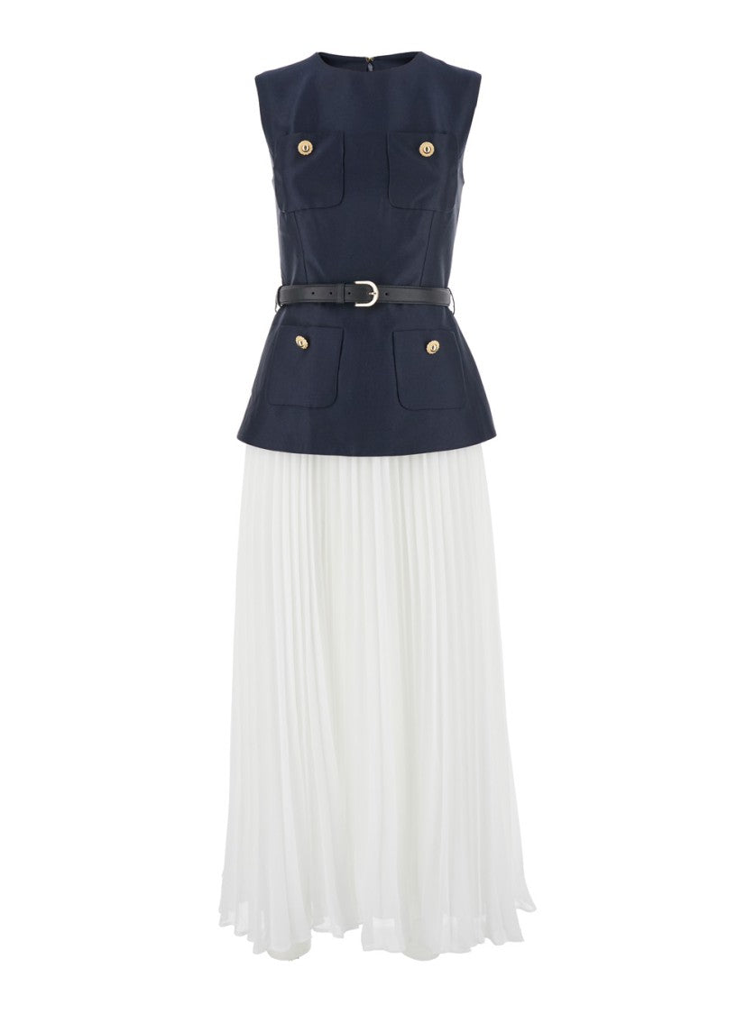 Self-Portrait Navy/White Taffeta Midi Dress