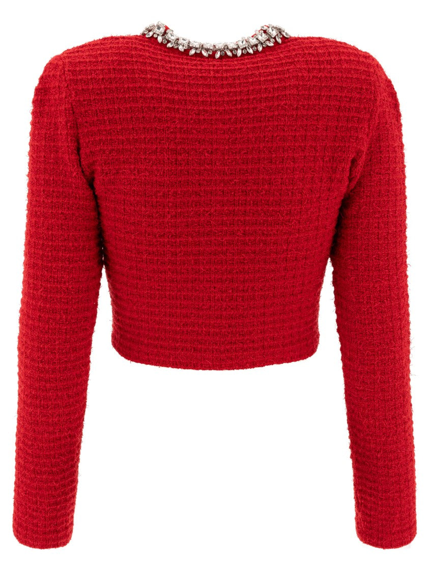 Self-Portrait Cropped Textured Knitwear With Crystal Embellishments