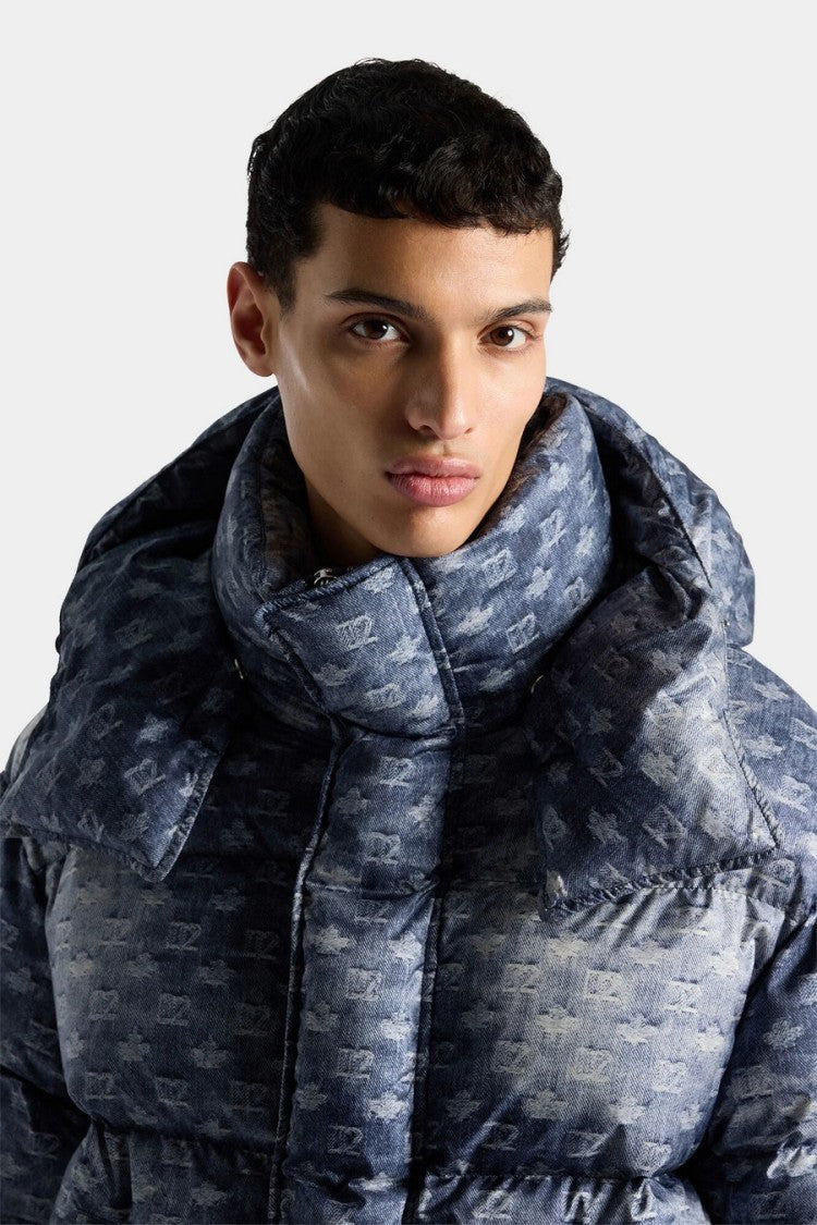Dsquared2 Blue Denim Monogram Jacquard Hooded Down Parka