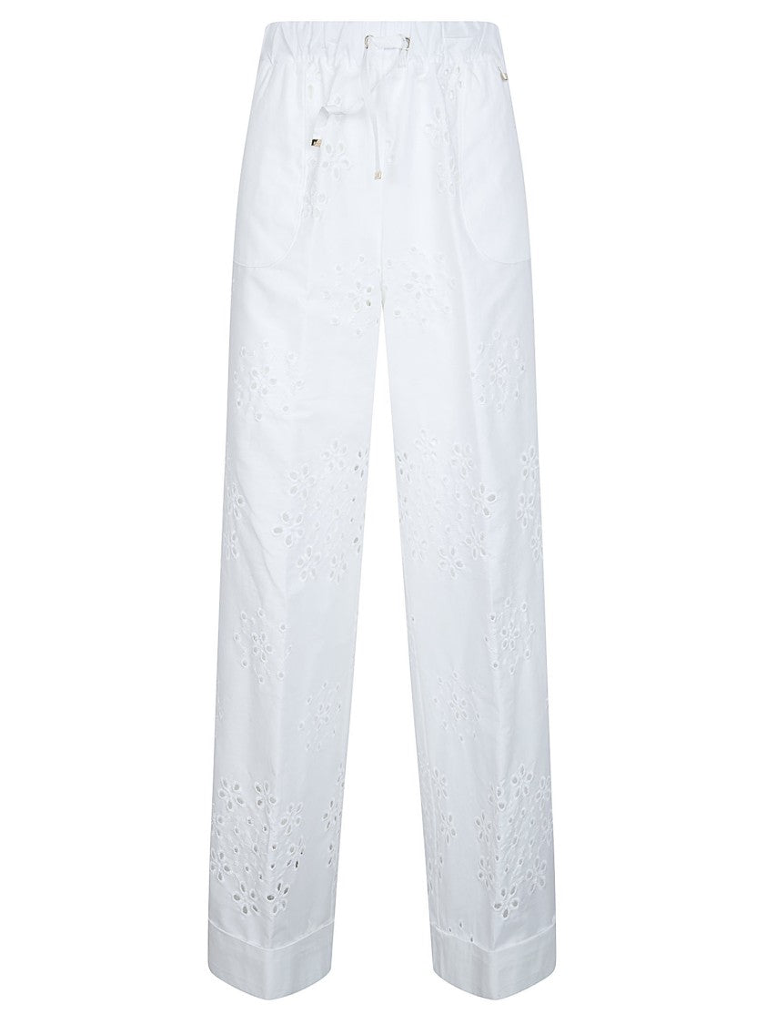 Herno Straight-Leg White Trousers With Floral Eyelet Embroidery