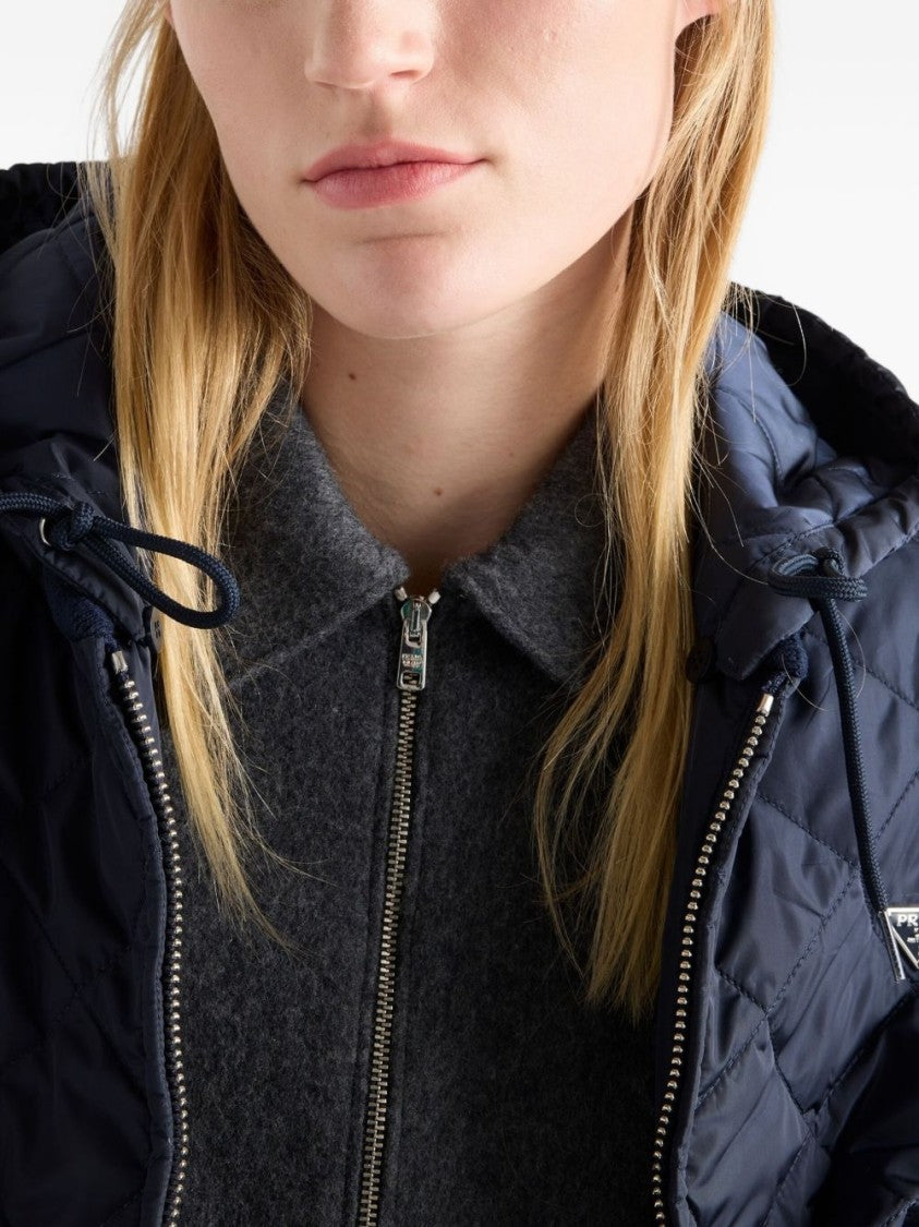 Prada Black Re-Nylon Hooded Velvet Trim Jacket