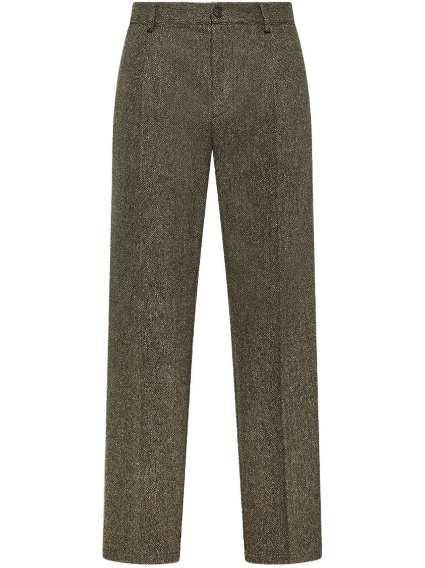 Cruna Olive Green Textured Straight-Leg Formal Pants