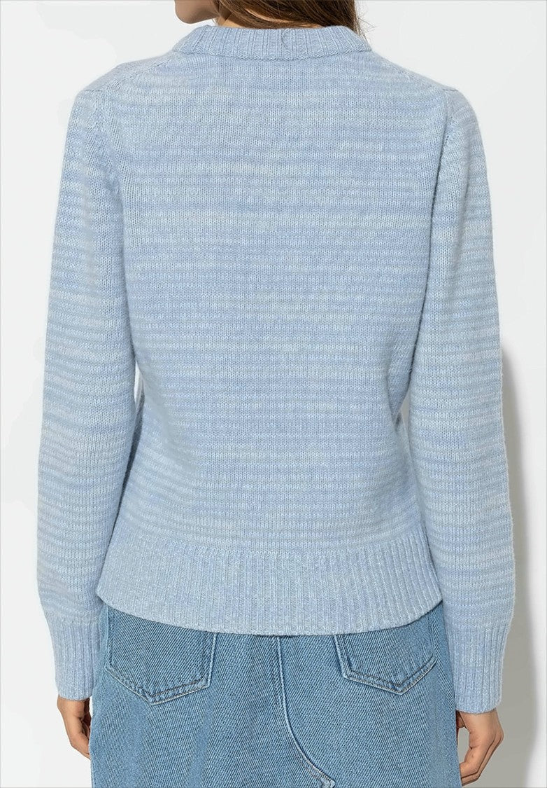Ganni Textured Blue Wool Blend Pullover Sweater With Abstract Graphic