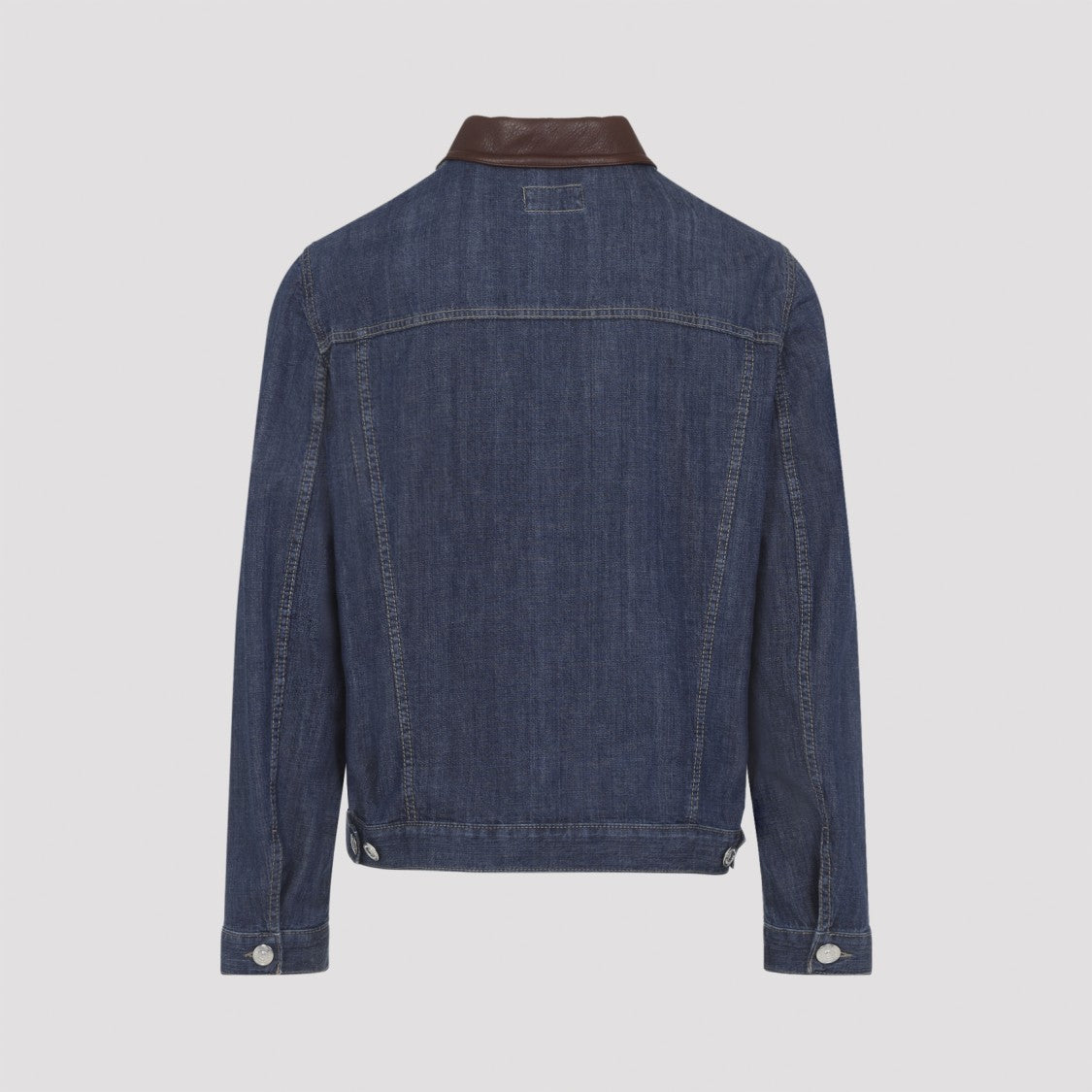 Brunello Cucinelli Leather Collar Blue Cotton Jacket