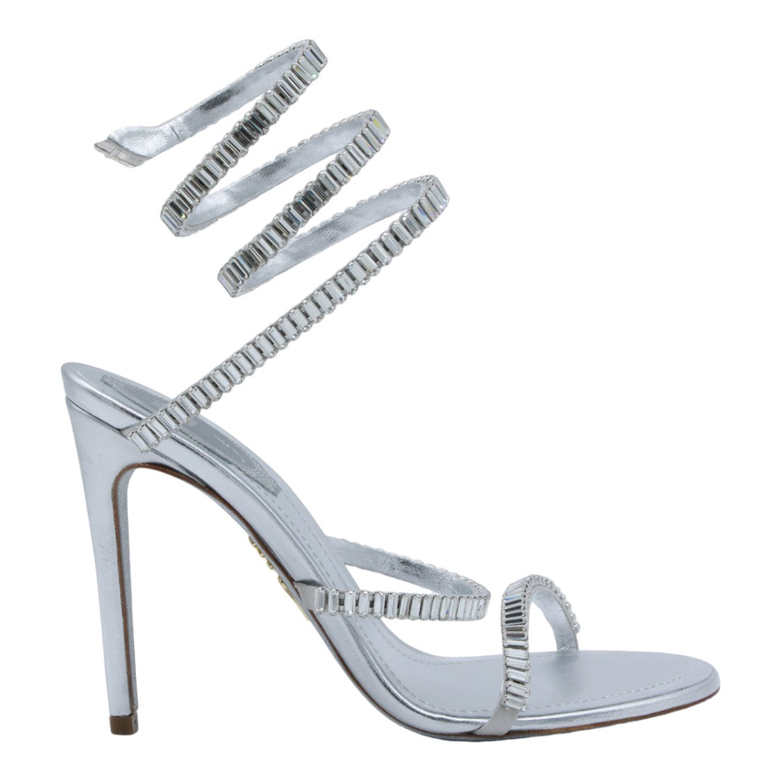 René Caovilla High-Heeled Silver Sandals With Crystal Embellishments