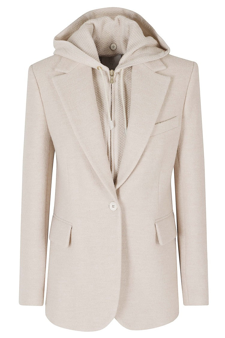 Eleventy Sand Single-Breasted Hooded Bib Wool Blazer