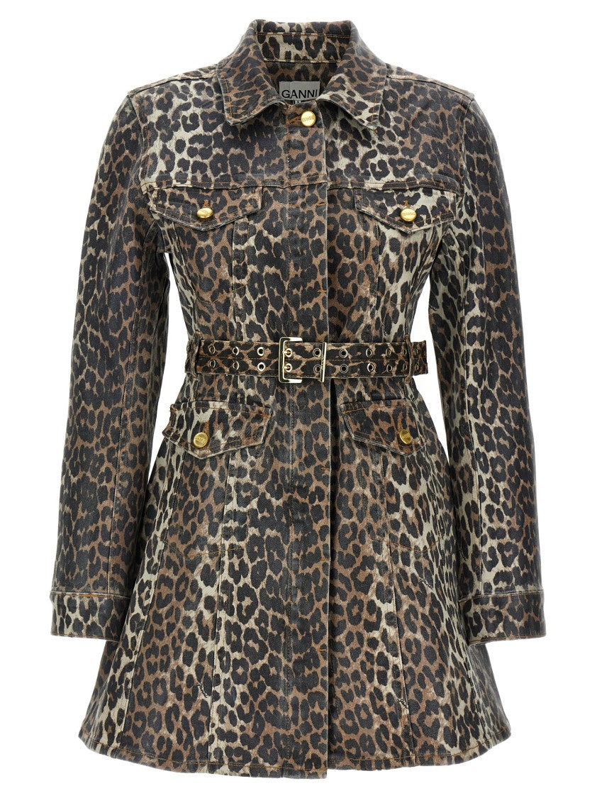 Ganni Leopard Print Cotton Denim Mini Dress