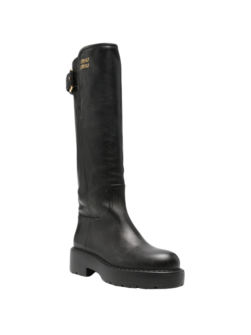 Miu Miu Gold Strap Black Leather Mid-Calf Boots