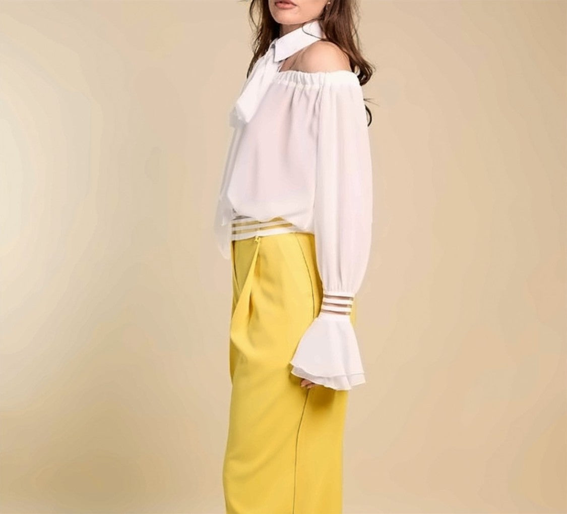 Elisabetta Franchi Ivory Off Shoulder Sash Shirt