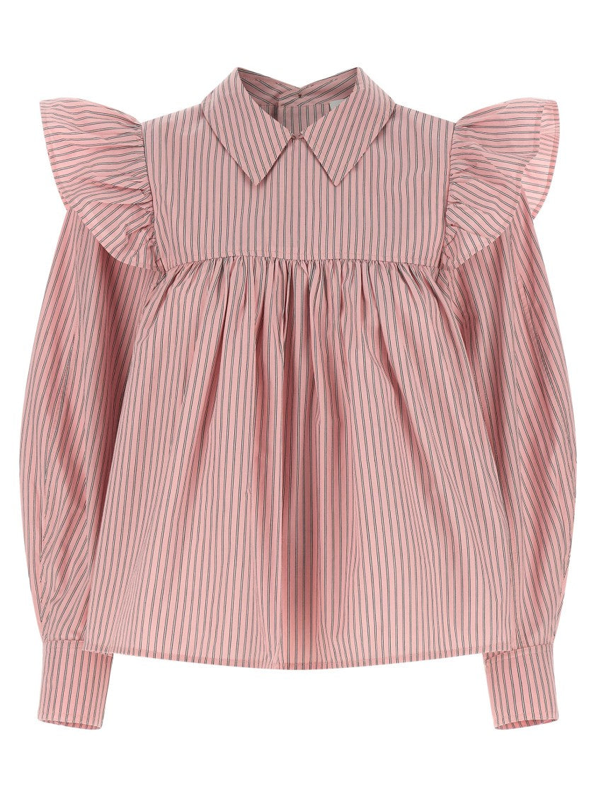 Ganni Oxford Striped Blouse With Ruffled Shoulders And Back Button Closure